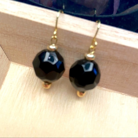 Black Round Beaded Dangle Earrings with Gold Tone Wire - Picture 3 of 3